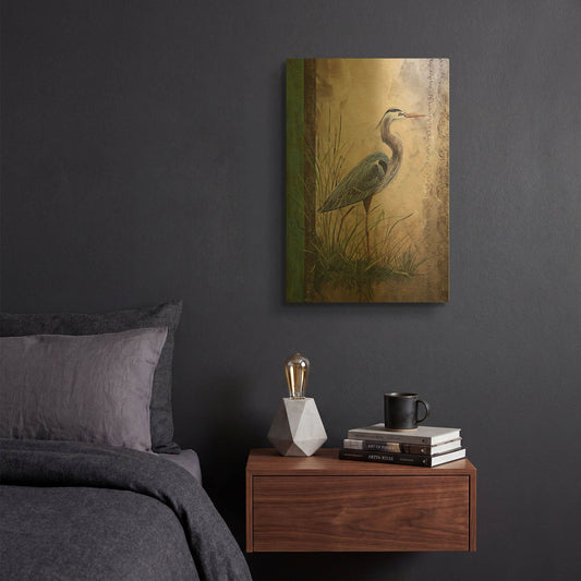 'In The Reeds-Blue Heron' By Jean Plout Gold Metal Wall Art
