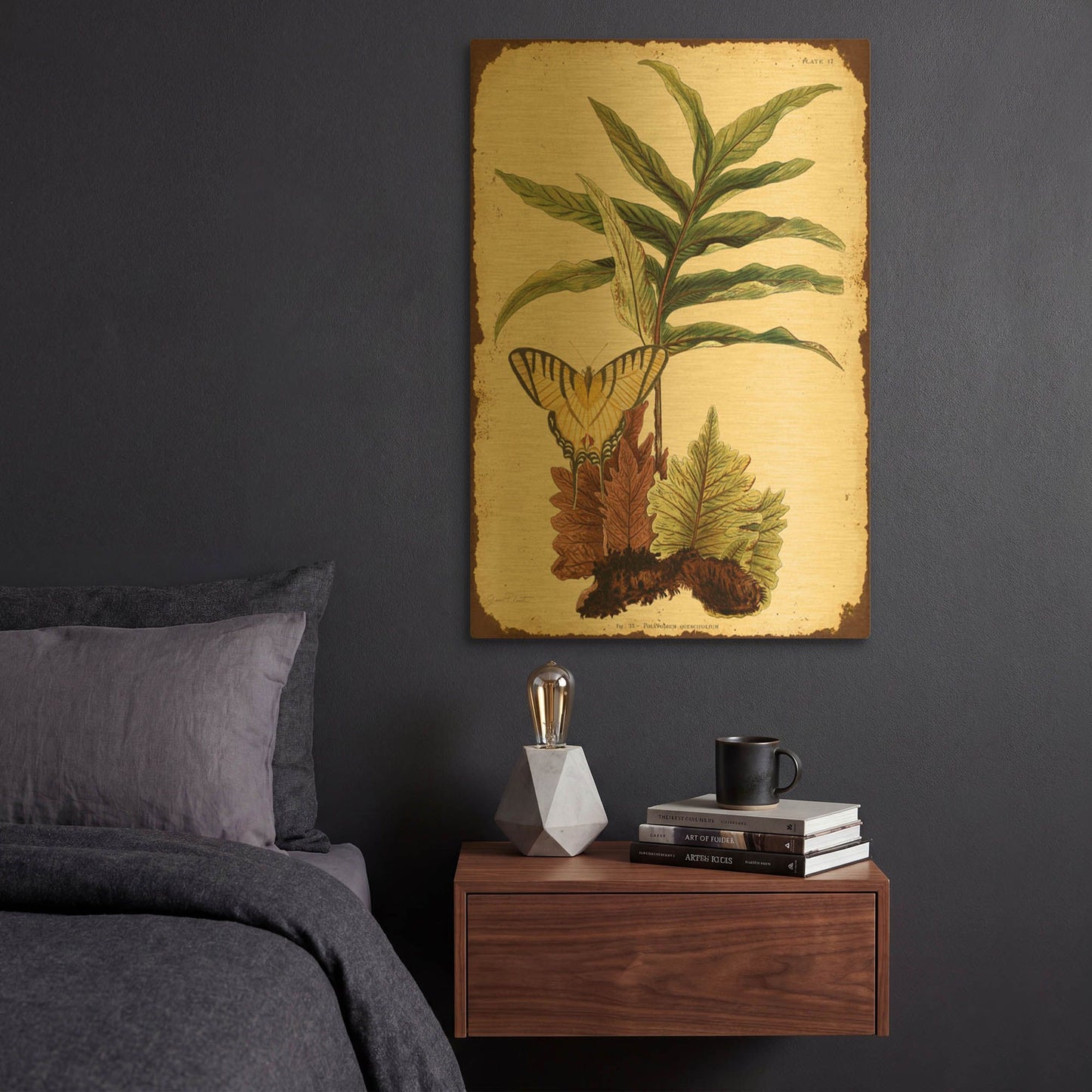 'Ferns On Vintage Tin-E' By Jean Plout Gold Metal Wall Art
