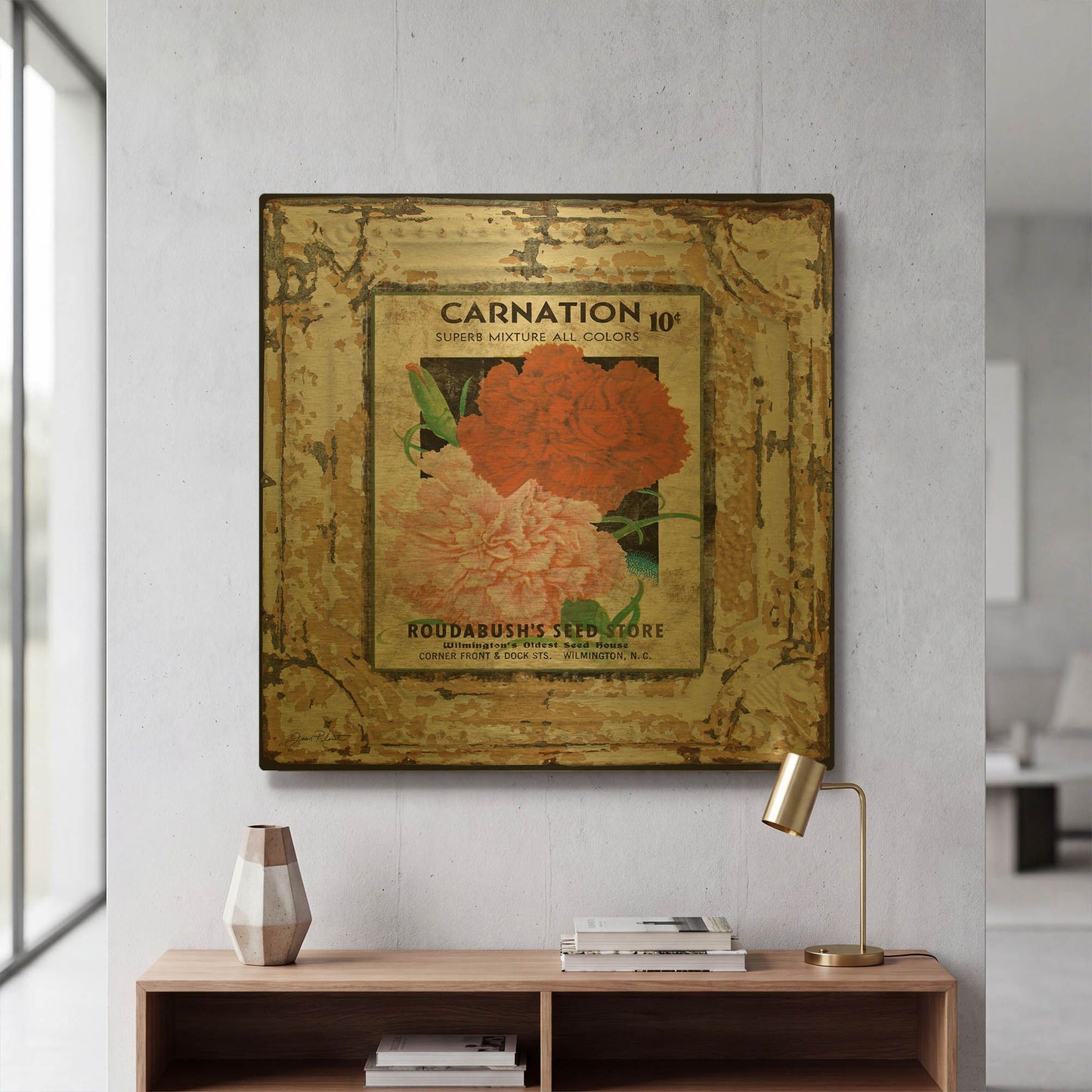 'Tin Tile Carnation' By Jean Plout Gold Metal Wall Art