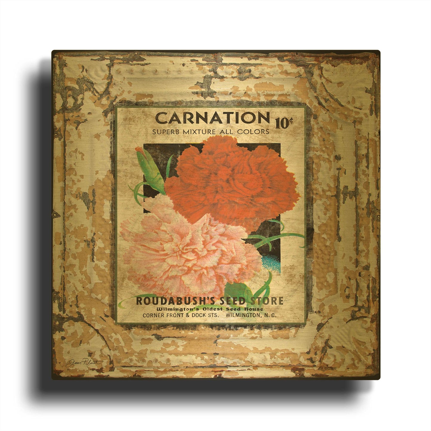 'Tin Tile Carnation' By Jean Plout Gold Metal Wall Art