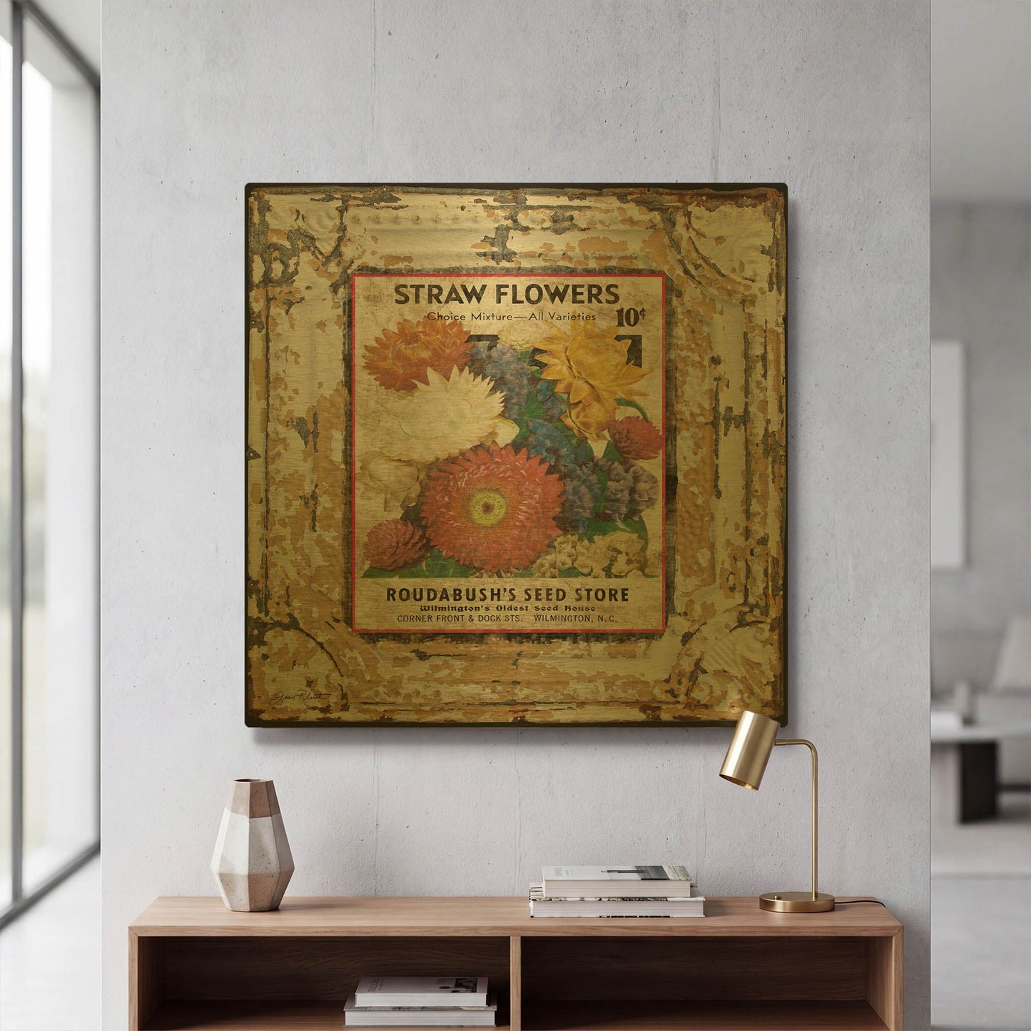 'Tin Tile Straw Flowers' By Jean Plout Gold Metal Wall Art