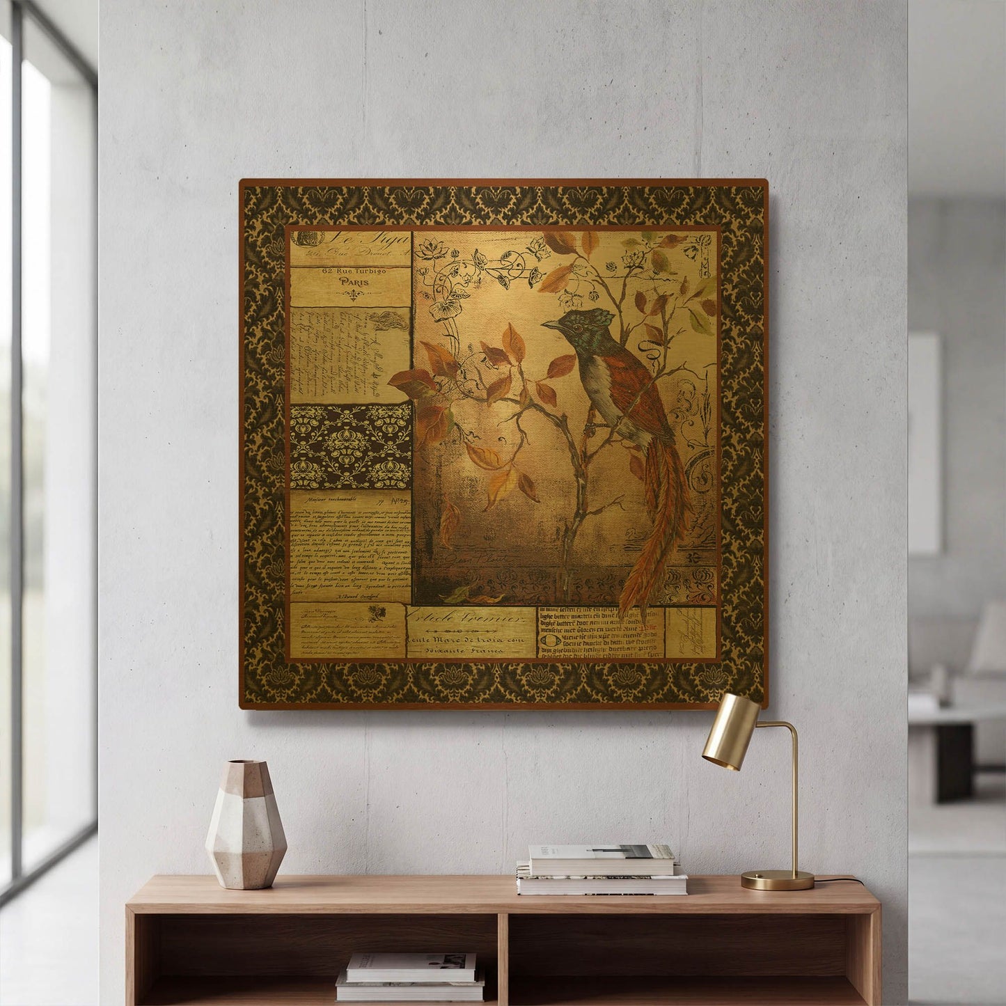 'Paradise Flycatcher Collage' By Jean Plout Gold Metal Wall Art