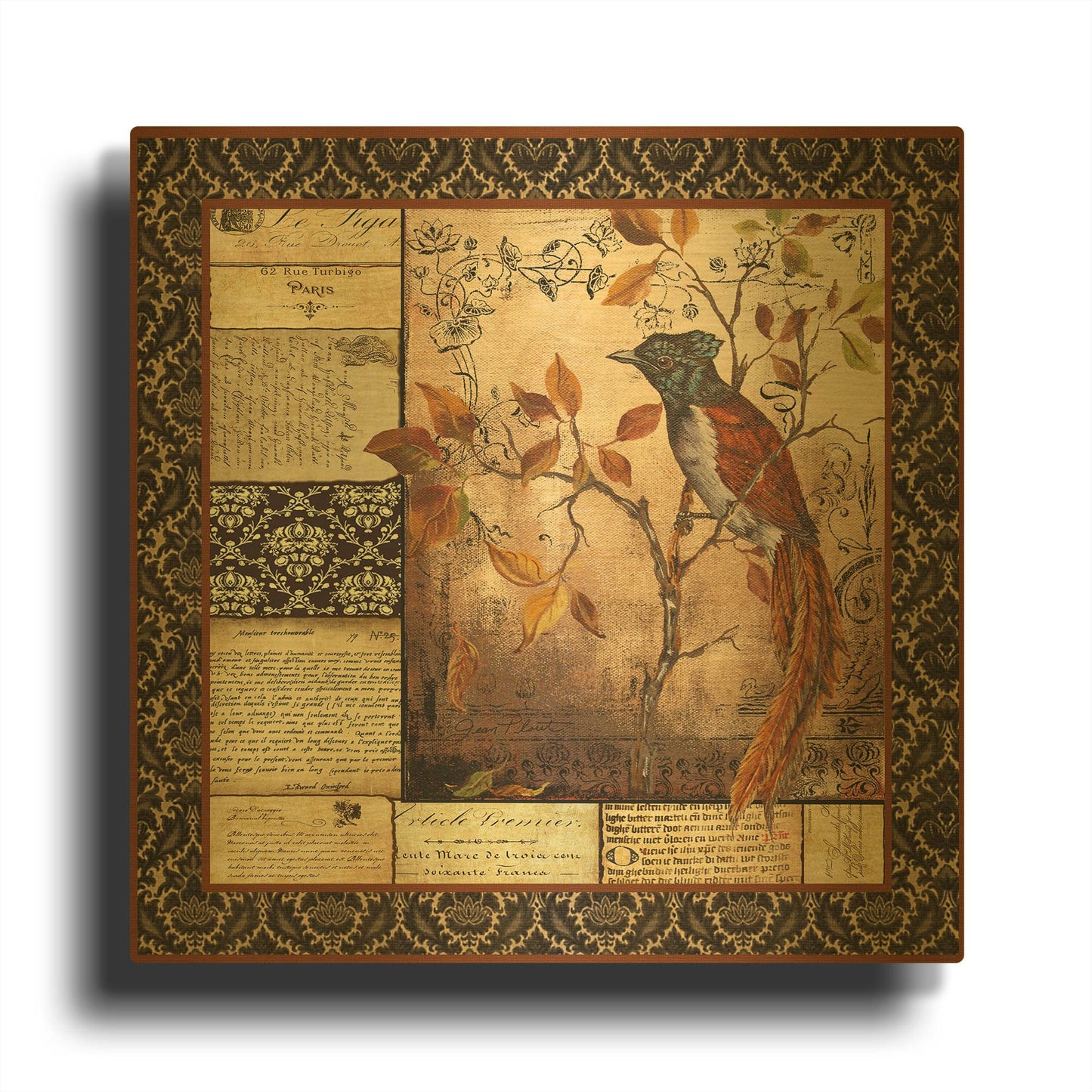 'Paradise Flycatcher Collage' By Jean Plout Gold Metal Wall Art