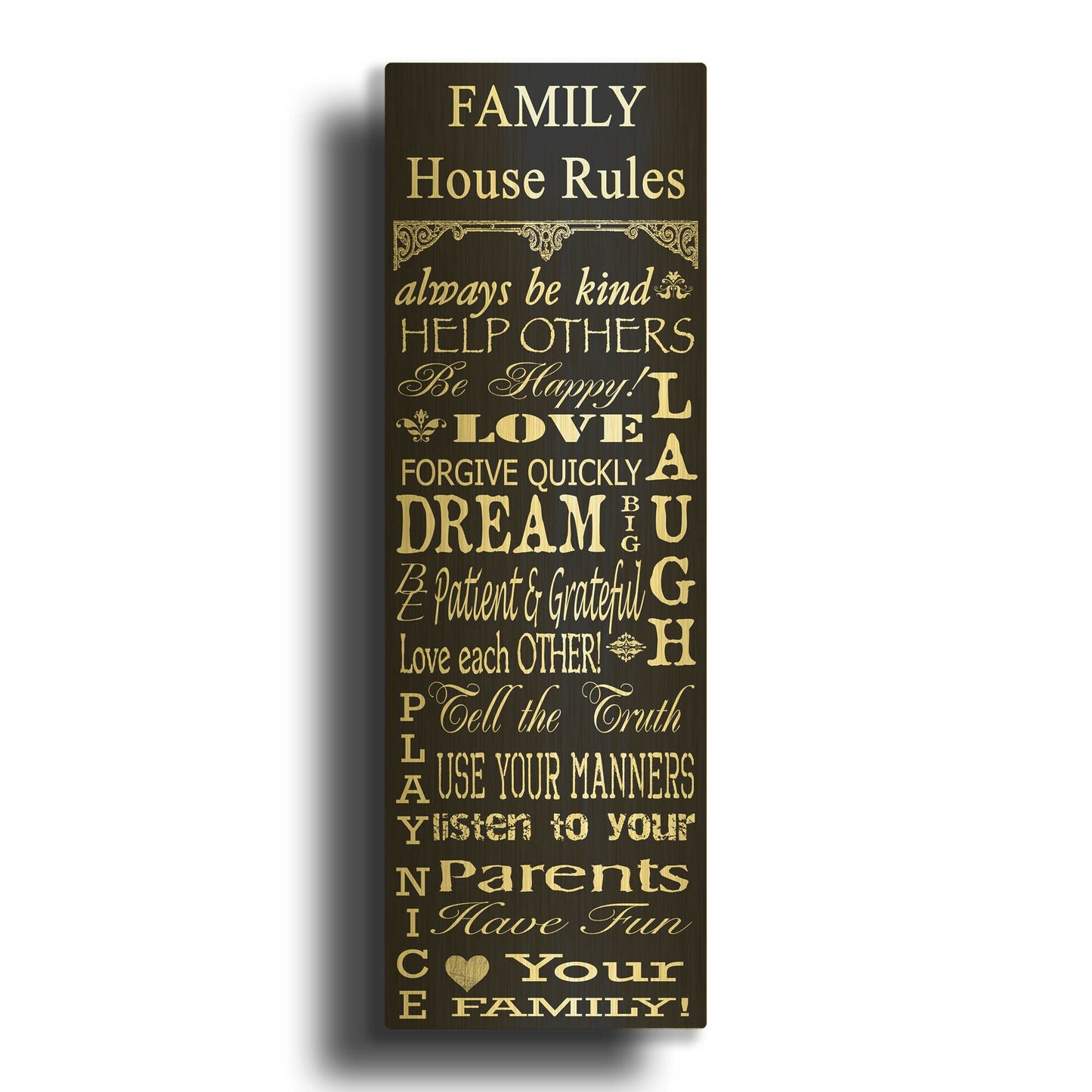 'Family Rules A' By Jean Plout Gold Metal Wall Art