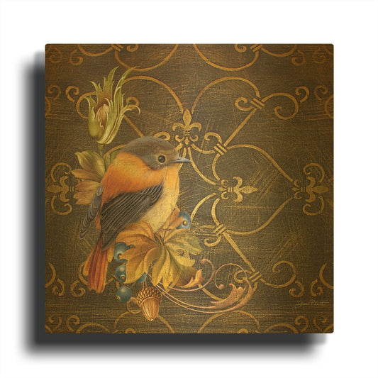 'Glorious Bird On Damask I' By Jean Plout Gold Metal Wall Art