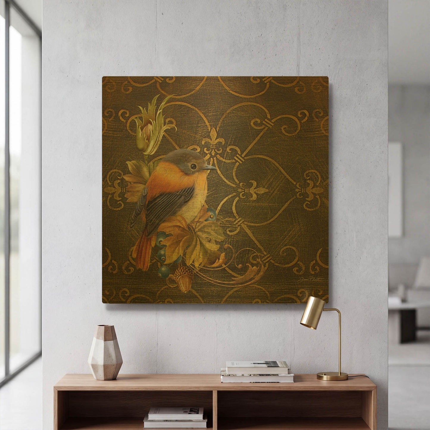'Glorious Bird On Damask I' By Jean Plout Gold Metal Wall Art