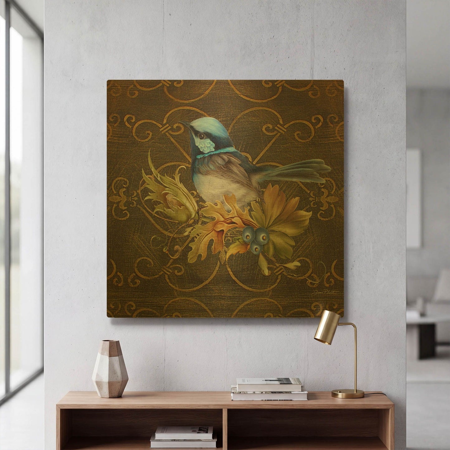 'Glorious Bird On Damask II' By Jean Plout Gold Metal Wall Art