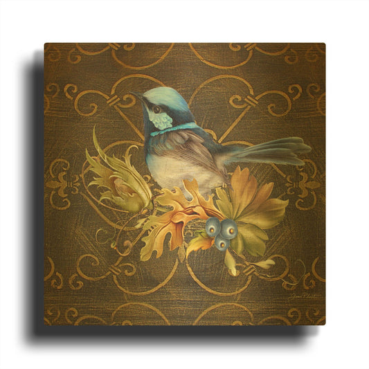 'Glorious Bird On Damask II' By Jean Plout Gold Metal Wall Art