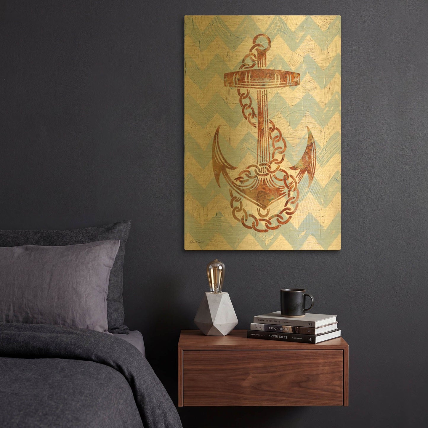 'Anchors Away On Chevron' By Jean Plout Gold Metal Wall Art