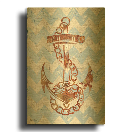 'Anchors Away On Chevron' By Jean Plout Gold Metal Wall Art