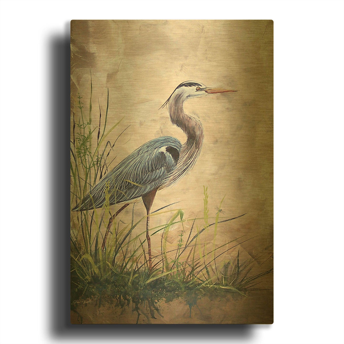 'In The Reeds Blue Heron A' By Jean Plout Gold Metal Wall Art