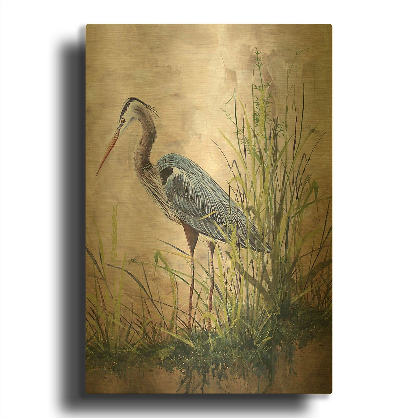 'In The Reeds Blue Heron B' By Jean Plout Gold Metal Wall Art