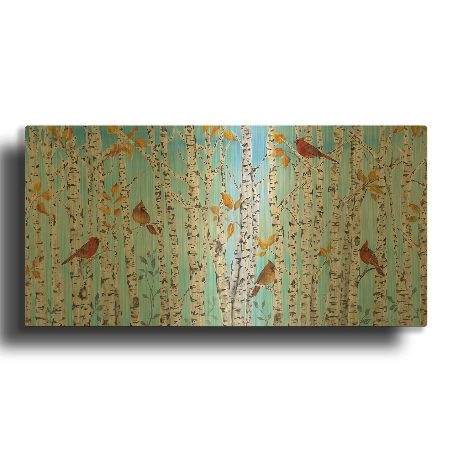 'Cardinals Among The Birch' By Jean Plout Gold Metal Wall Art
