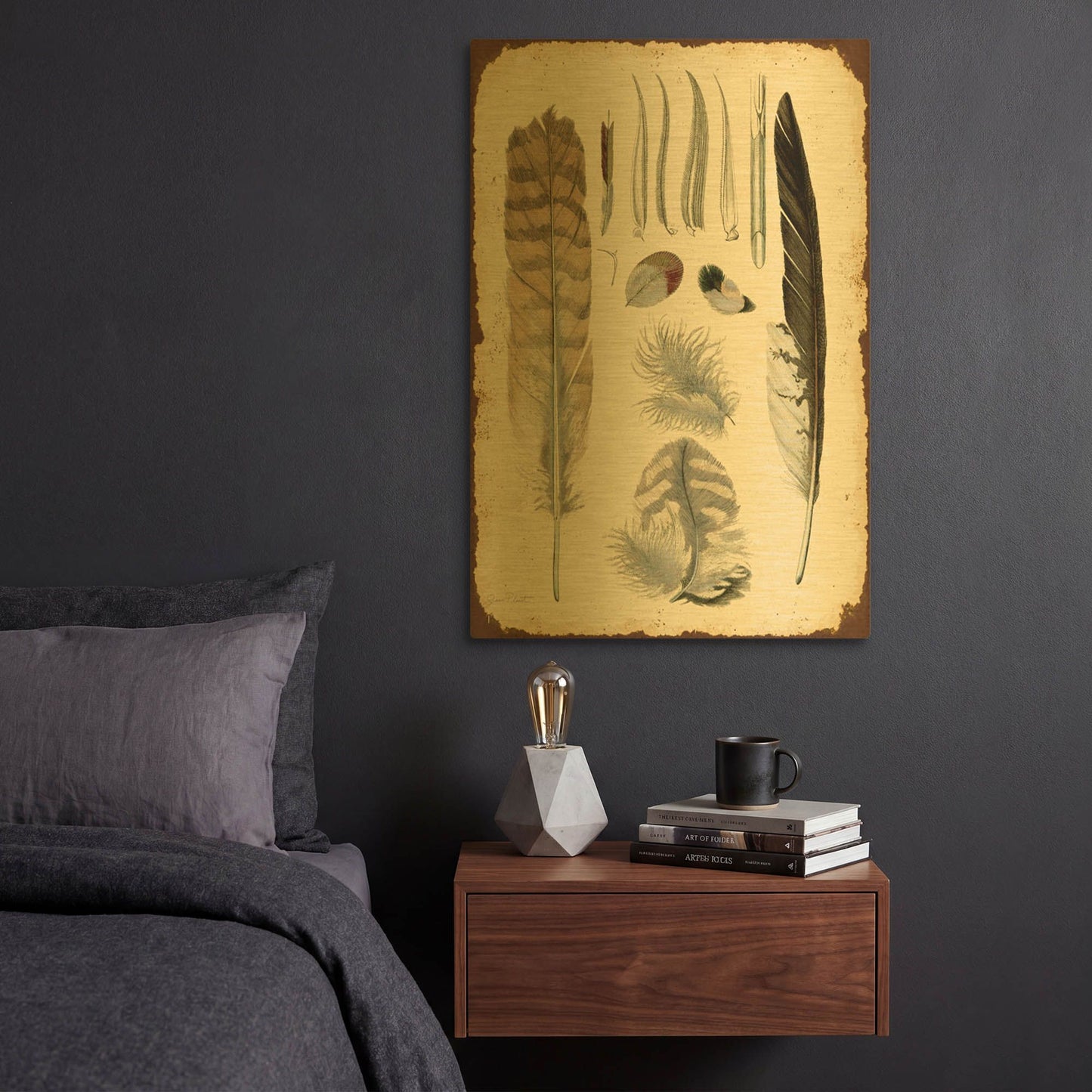 'Vintage Feather Study A' By Jean Plout Gold Metal Wall Art