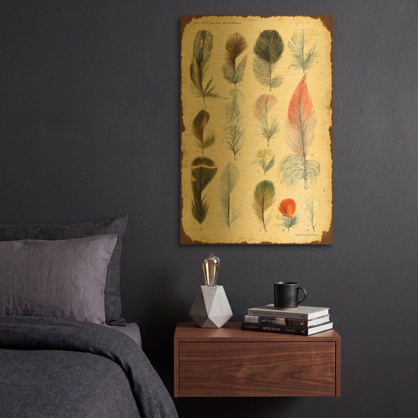 'Vintage Feather Study B' By Jean Plout Gold Metal Wall Art
