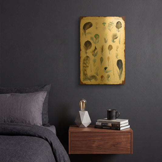 'Vintage Feather Study C' By Jean Plout Gold Metal Wall Art