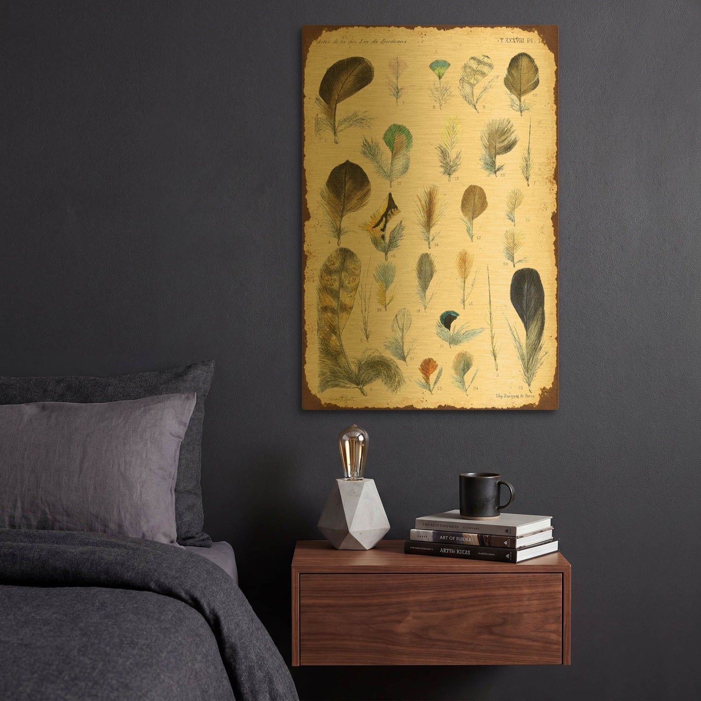 'Vintage Feather Study C' By Jean Plout Gold Metal Wall Art