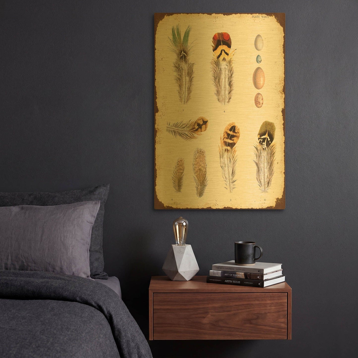 'Vintage Feather Study D' By Jean Plout Gold Metal Wall Art