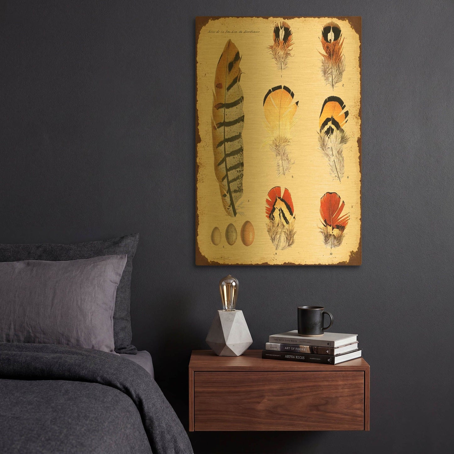 'Vintage Feather Study E' By Jean Plout Gold Metal Wall Art