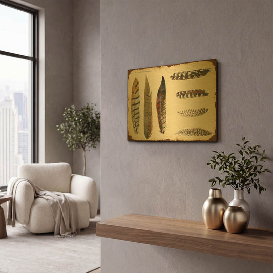 'Vintage Feather Study F' By Jean Plout Gold Metal Wall Art