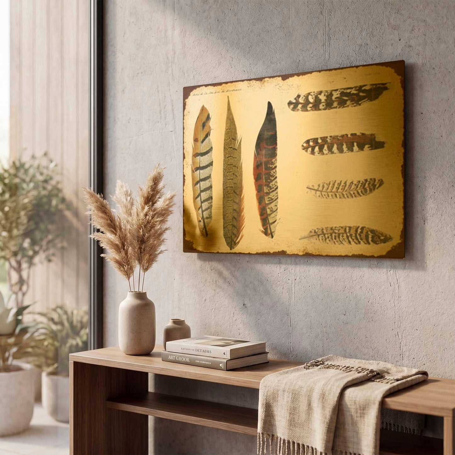 'Vintage Feather Study F' By Jean Plout Gold Metal Wall Art