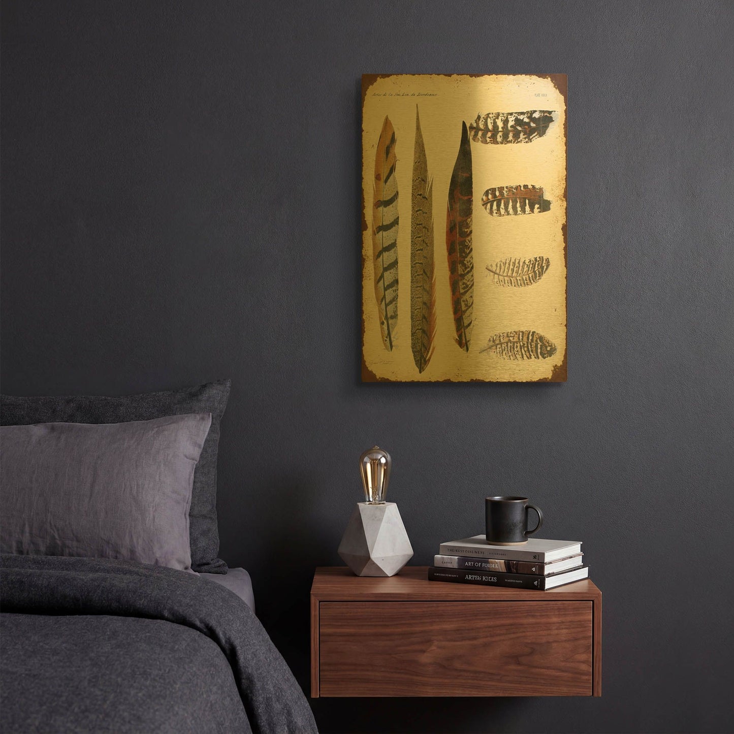 'Vintage Feather Study J' By Jean Plout Gold Metal Wall Art