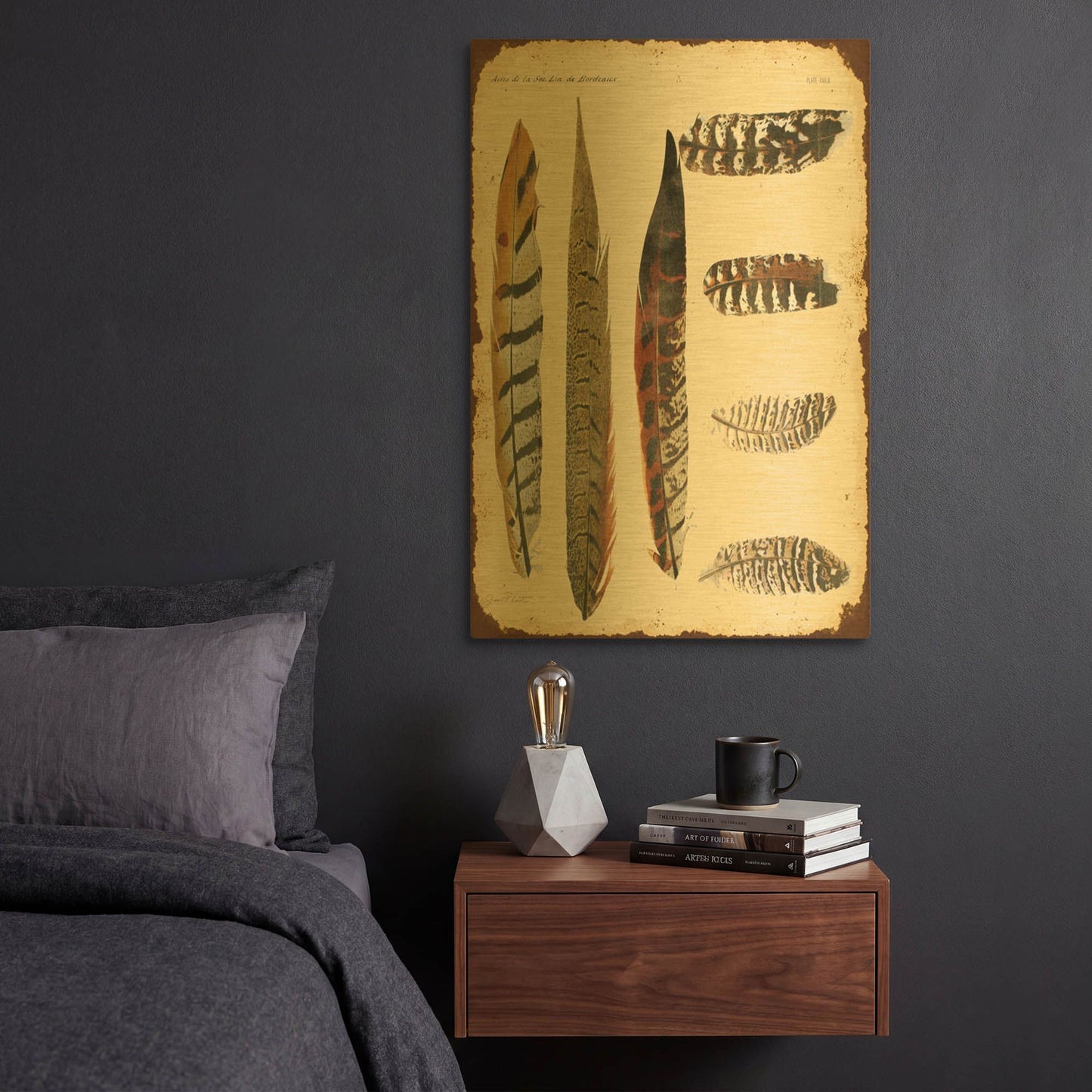 'Vintage Feather Study J' By Jean Plout Gold Metal Wall Art