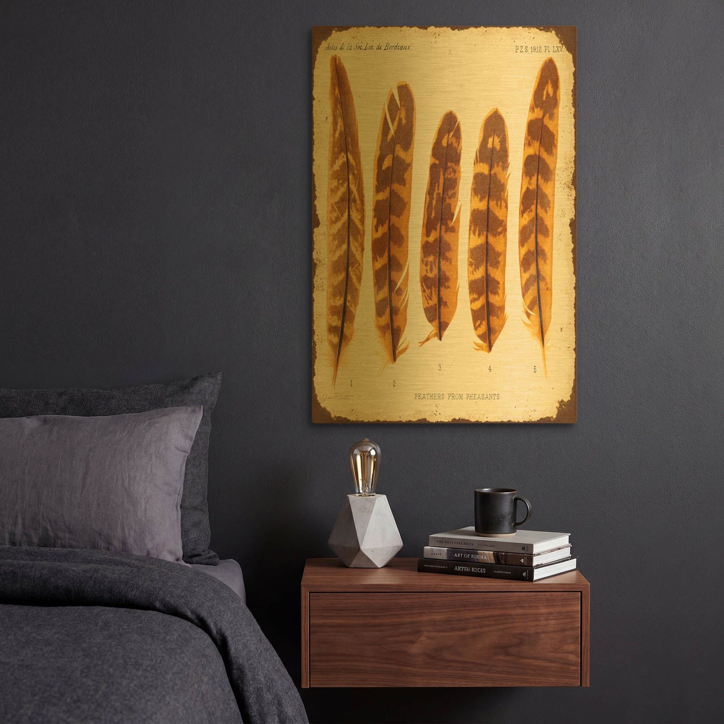 'Vintage Feather Study K' By Jean Plout Gold Metal Wall Art