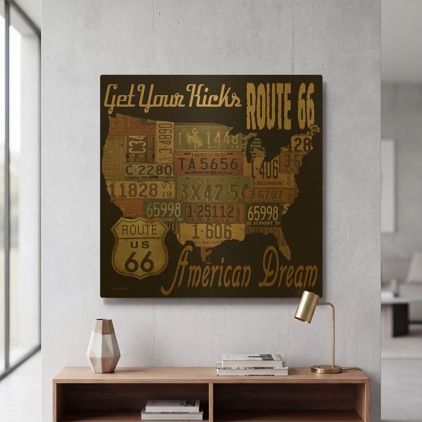 'Route 66 American Dream Kicks' By Jean Plout Gold Metal Wall Art
