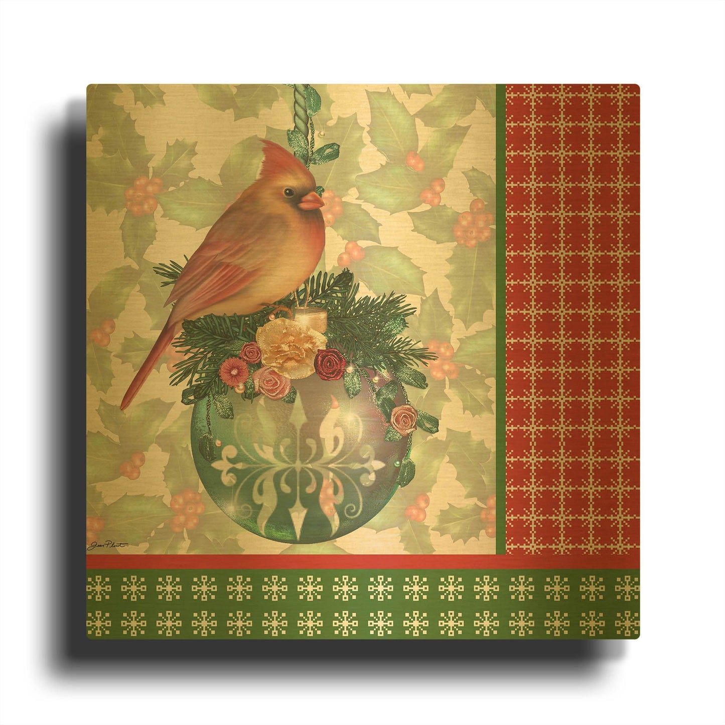 'Holly & Berries A' By Jean Plout Gold Metal Wall Art