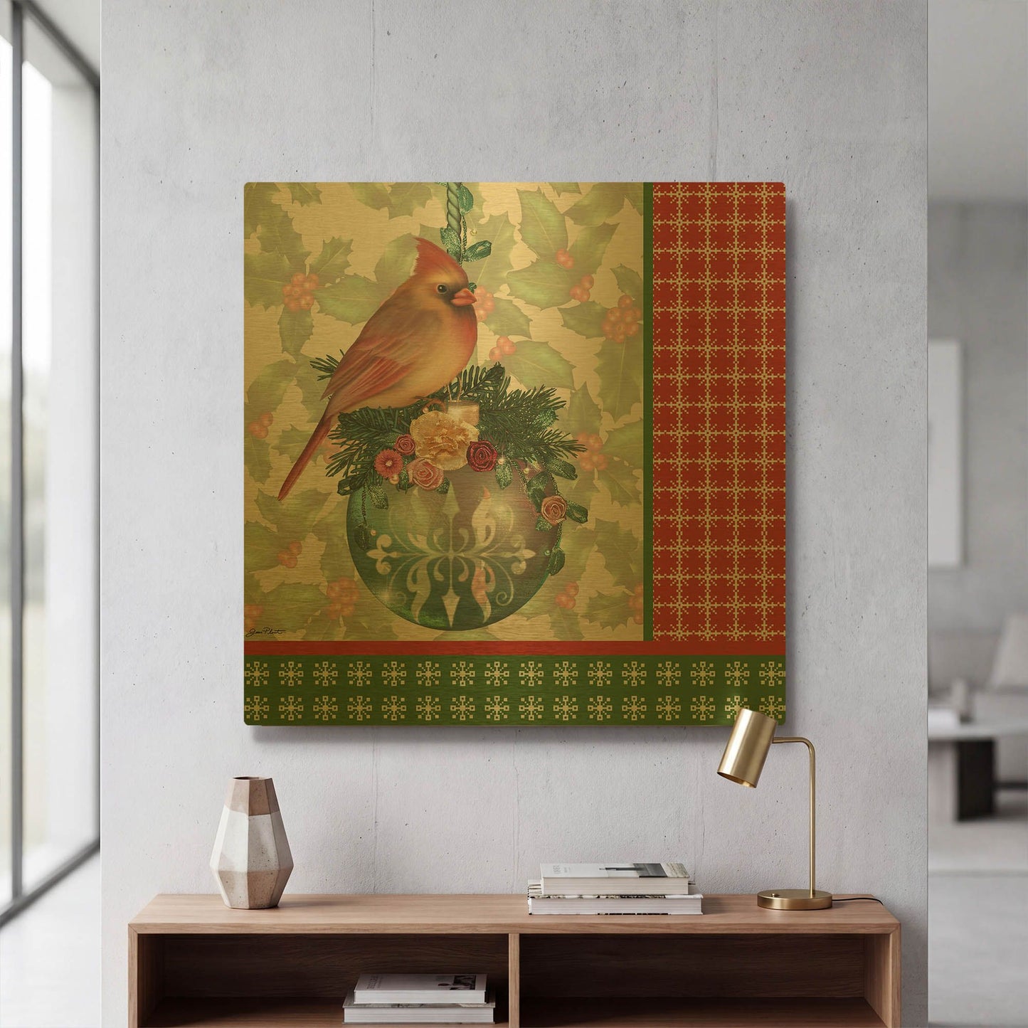 'Holly & Berries A' By Jean Plout Gold Metal Wall Art