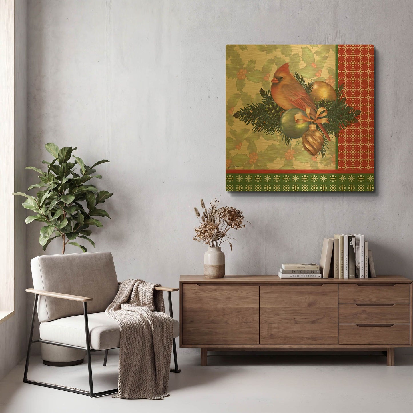 'Holly & Berries C' By Jean Plout Gold Metal Wall Art