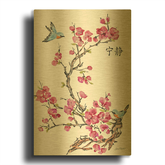 'Cherry Blossom Serenity Birds' By Jean Plout Gold Metal Wall Art