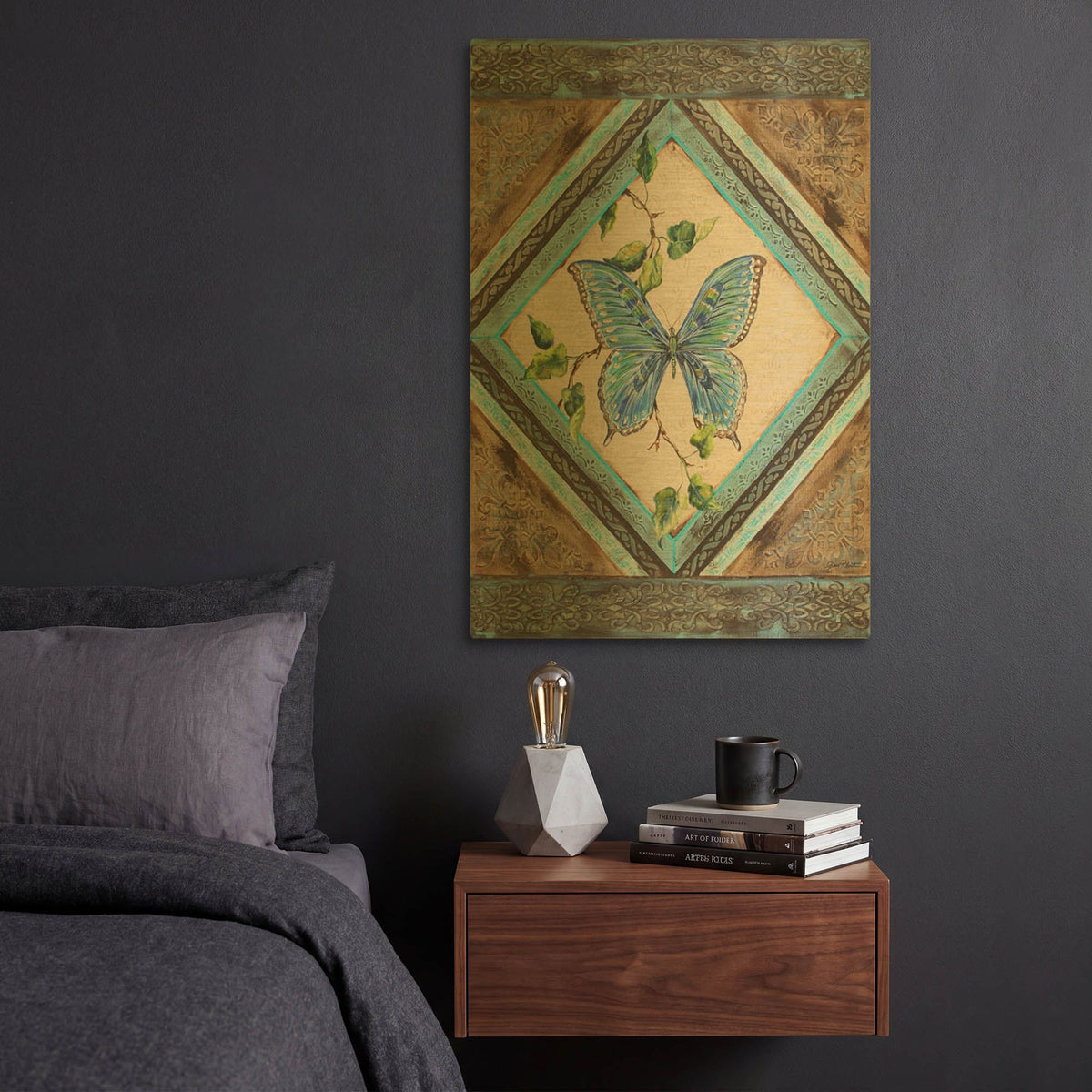 'Papillon Bleu' By Jean Plout Gold Metal Wall Art
