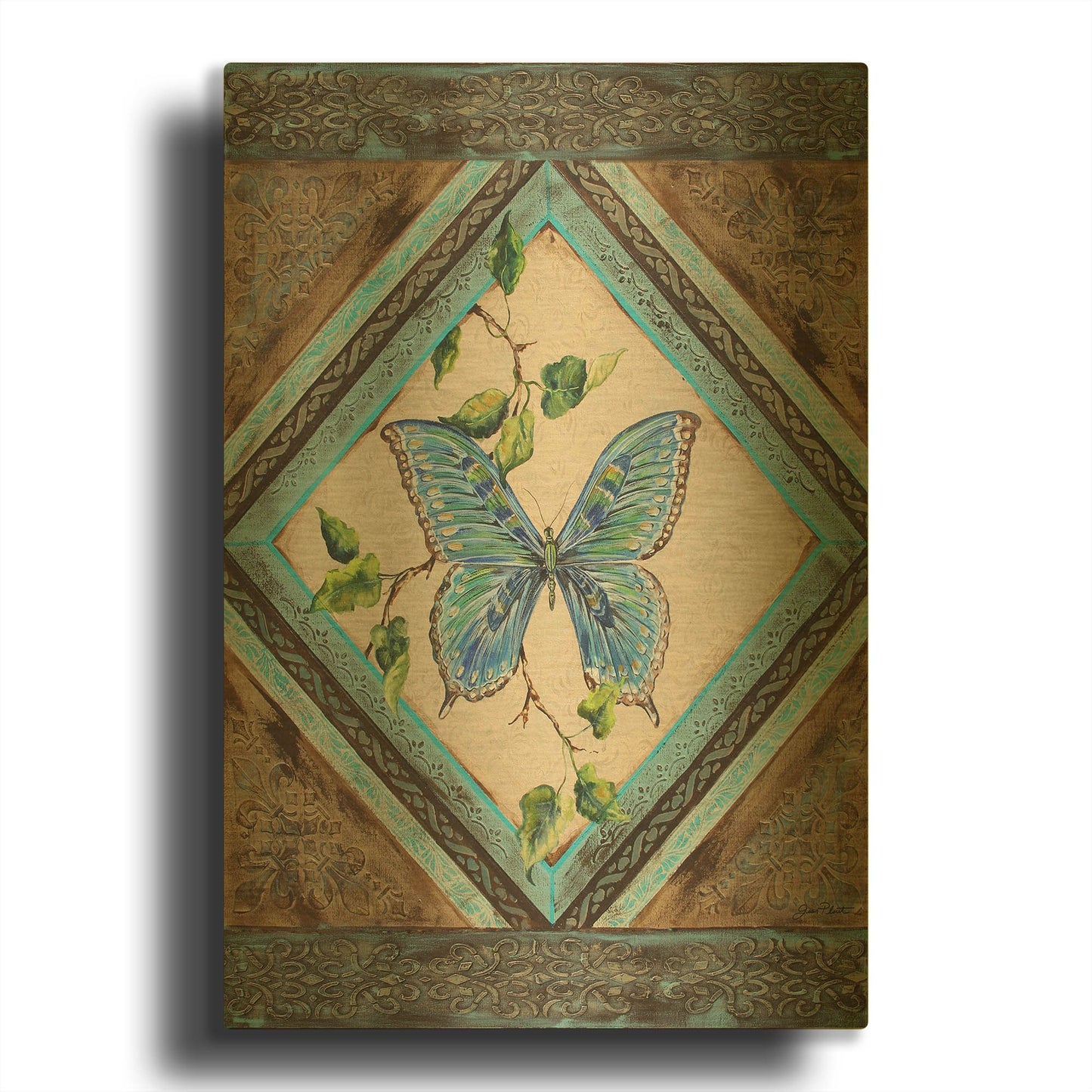 'Papillon Bleu' By Jean Plout Gold Metal Wall Art