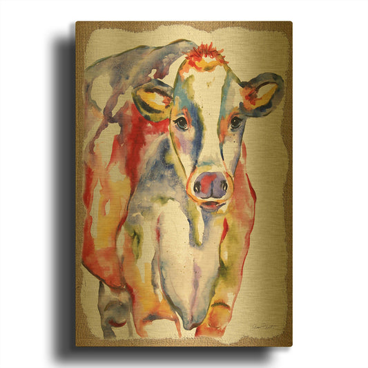 'Colorful Cow Burlap' By Jean Plout Gold Metal Wall Art
