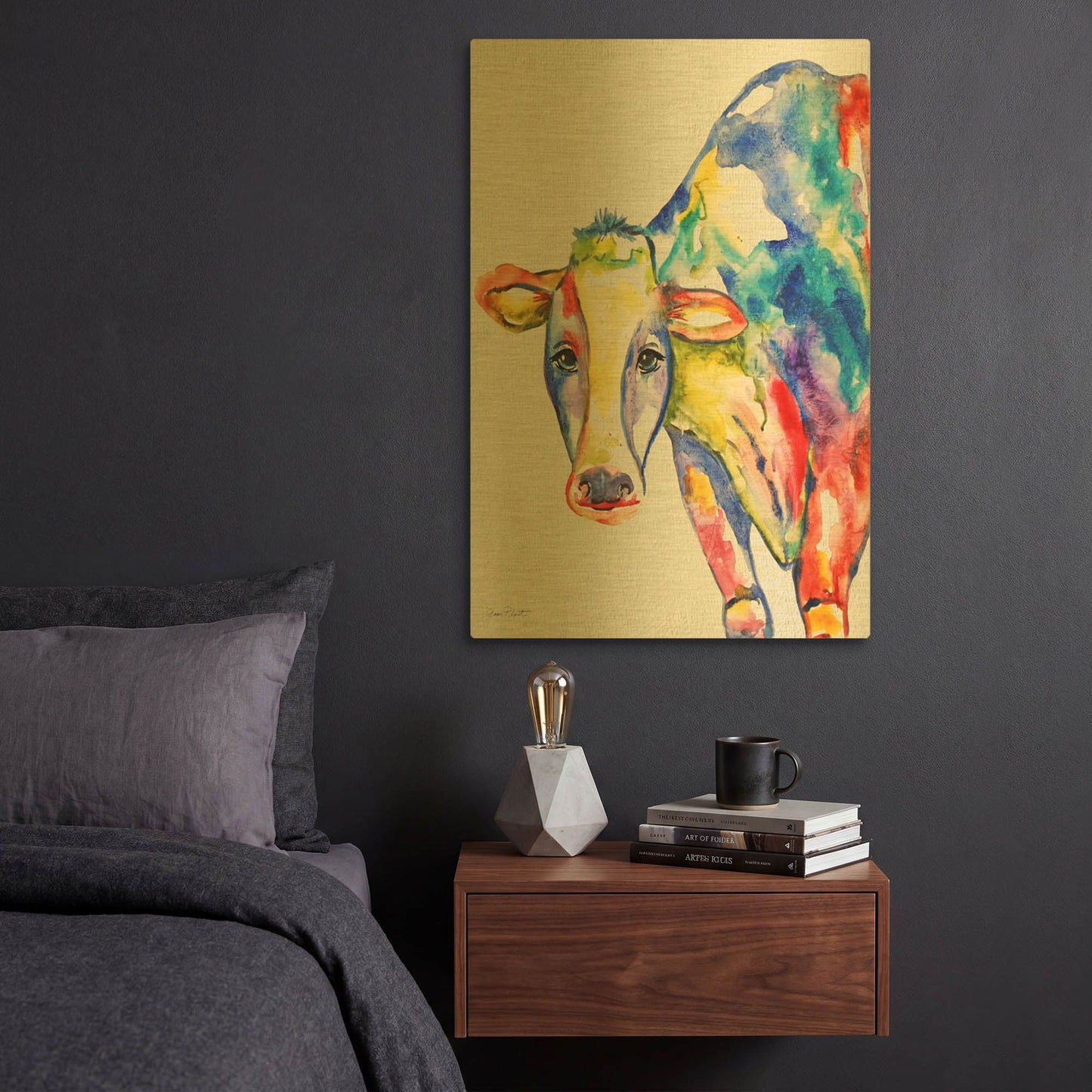 'Colorful Cow' By Jean Plout Gold Metal Wall Art