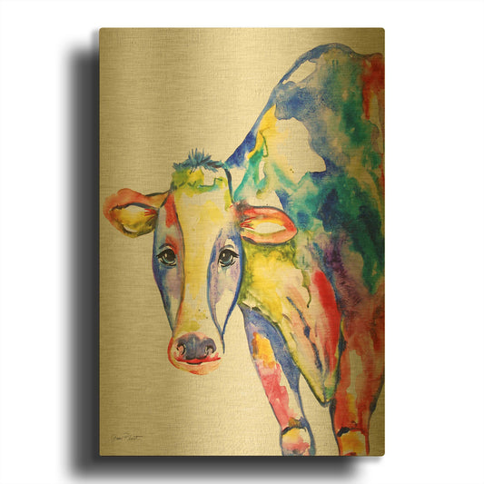 'Colorful Cow' By Jean Plout Gold Metal Wall Art