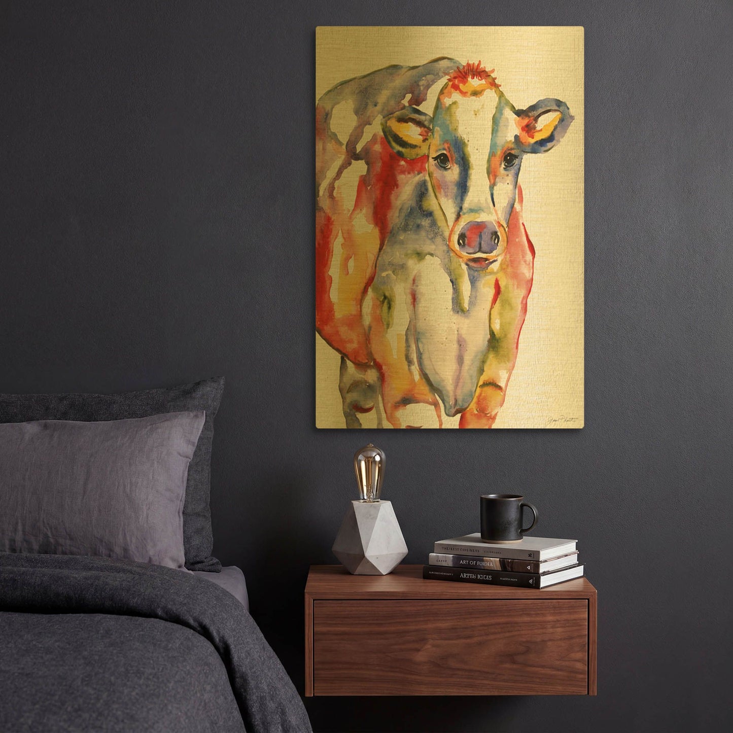 'Colorful Cow II' By Jean Plout Gold Metal Wall Art