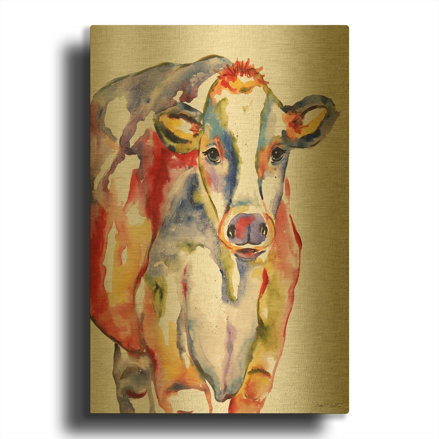 'Colorful Cow II' By Jean Plout Gold Metal Wall Art