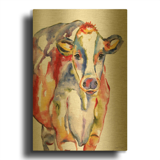 'Colorful Cow II' By Jean Plout Gold Metal Wall Art