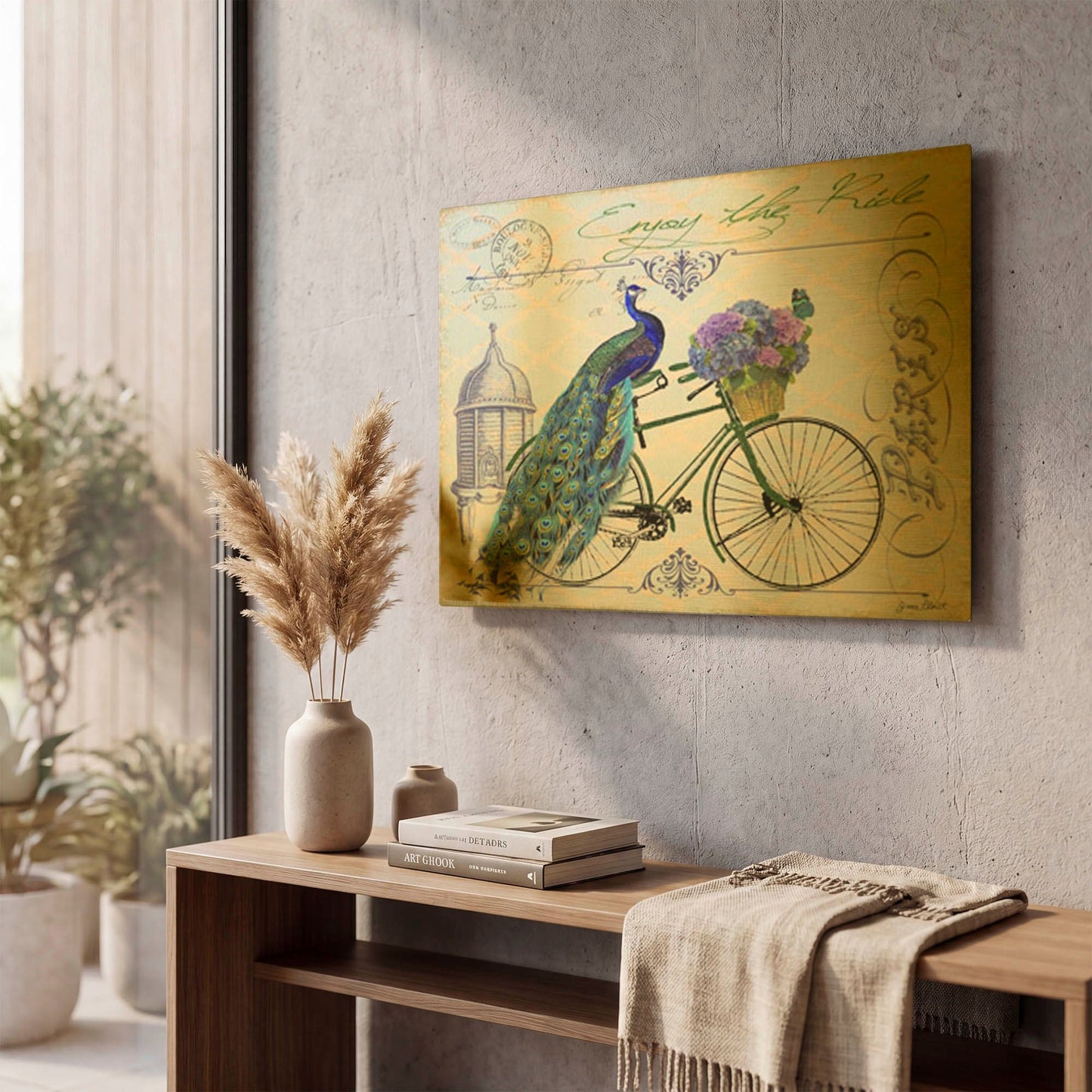 'Peacock On Bicylce' By Jean Plout Gold Metal Wall Art