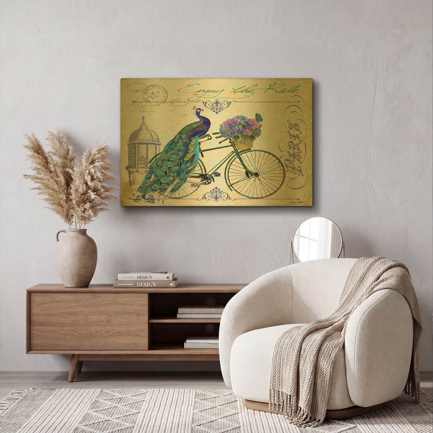 'Peacock On Bicylce' By Jean Plout Gold Metal Wall Art