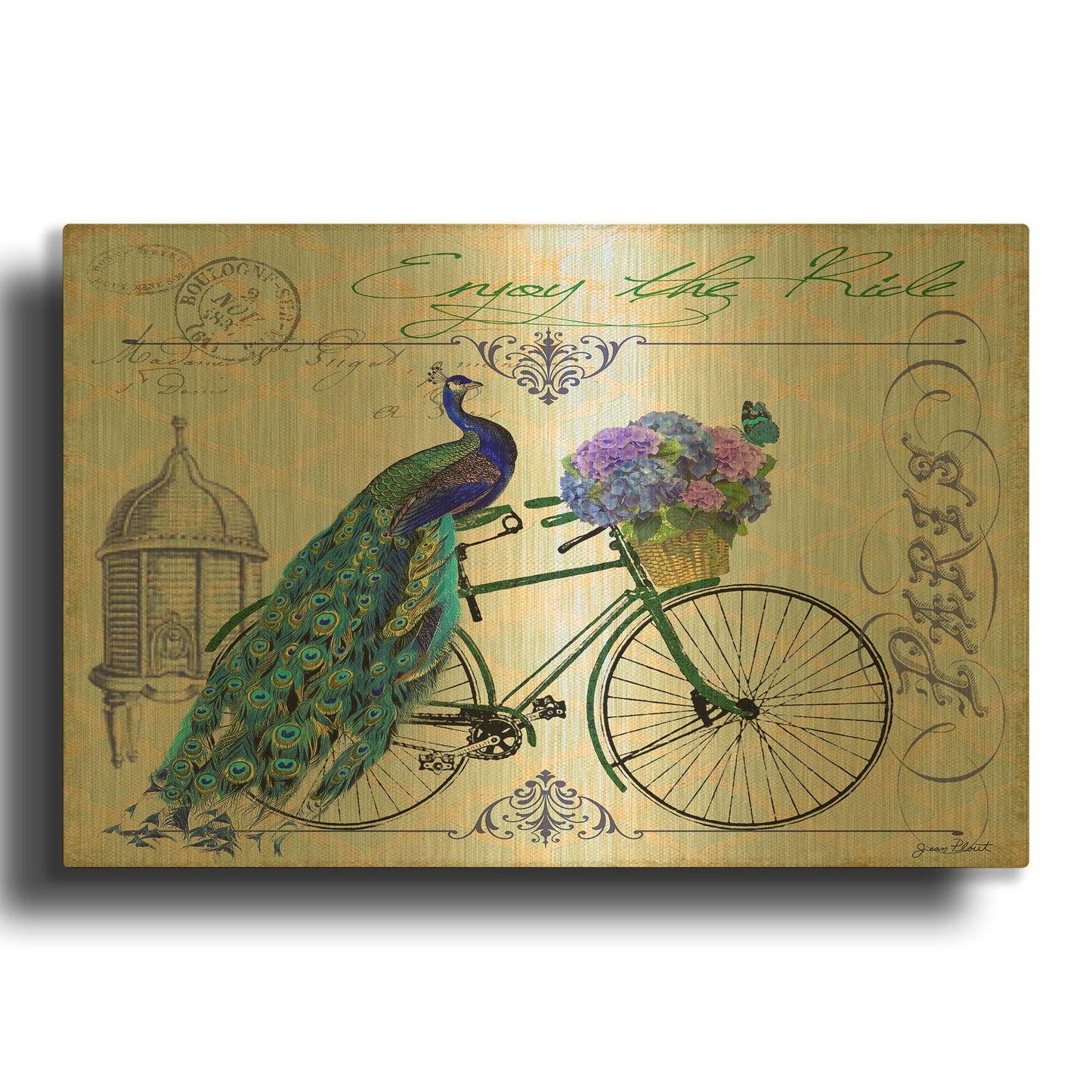'Peacock On Bicylce' By Jean Plout Gold Metal Wall Art
