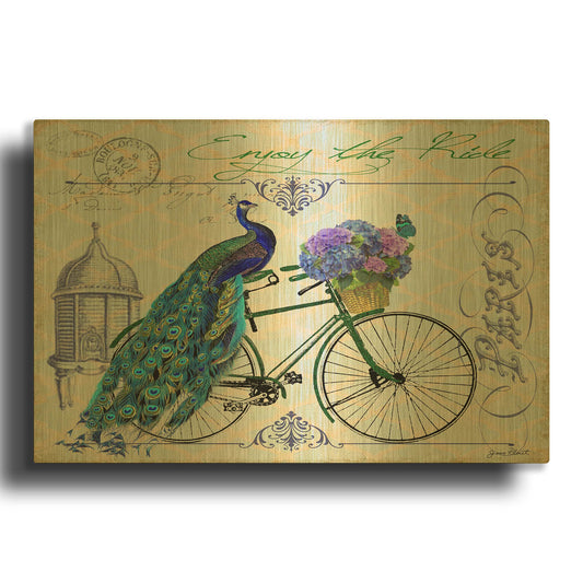'Peacock On Bicylce' By Jean Plout Gold Metal Wall Art