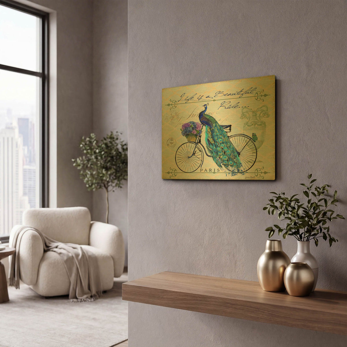 'Peacock On Bicycle' By Jean Plout Gold Metal Wall Art