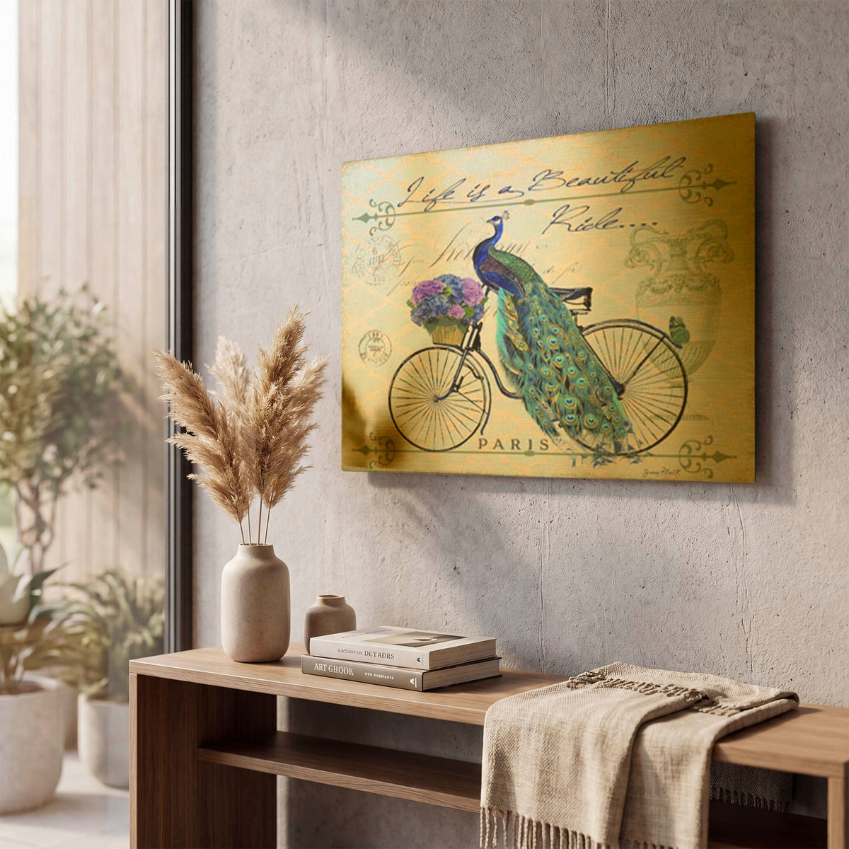 'Peacock On Bicycle' By Jean Plout Gold Metal Wall Art