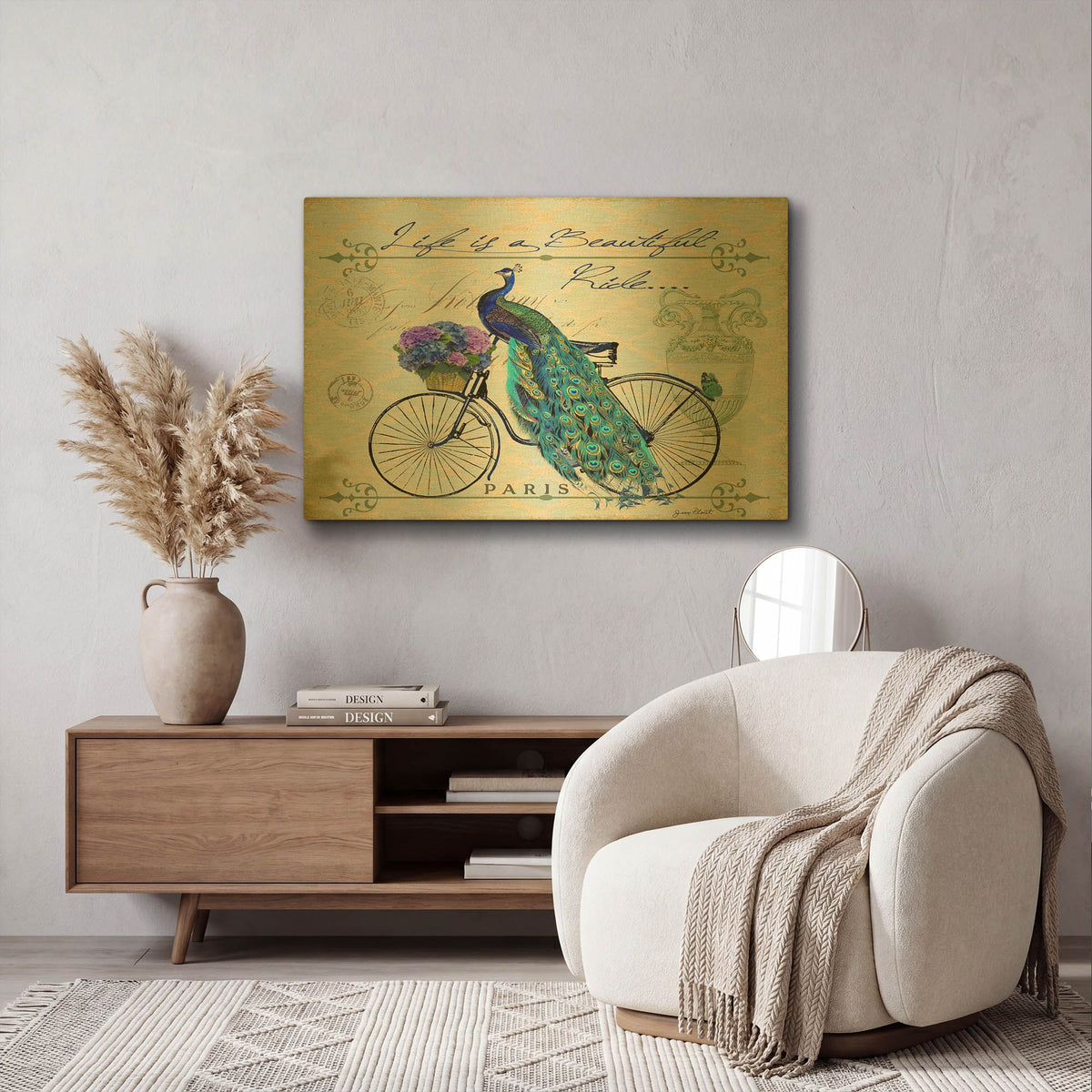 'Peacock On Bicycle' By Jean Plout Gold Metal Wall Art