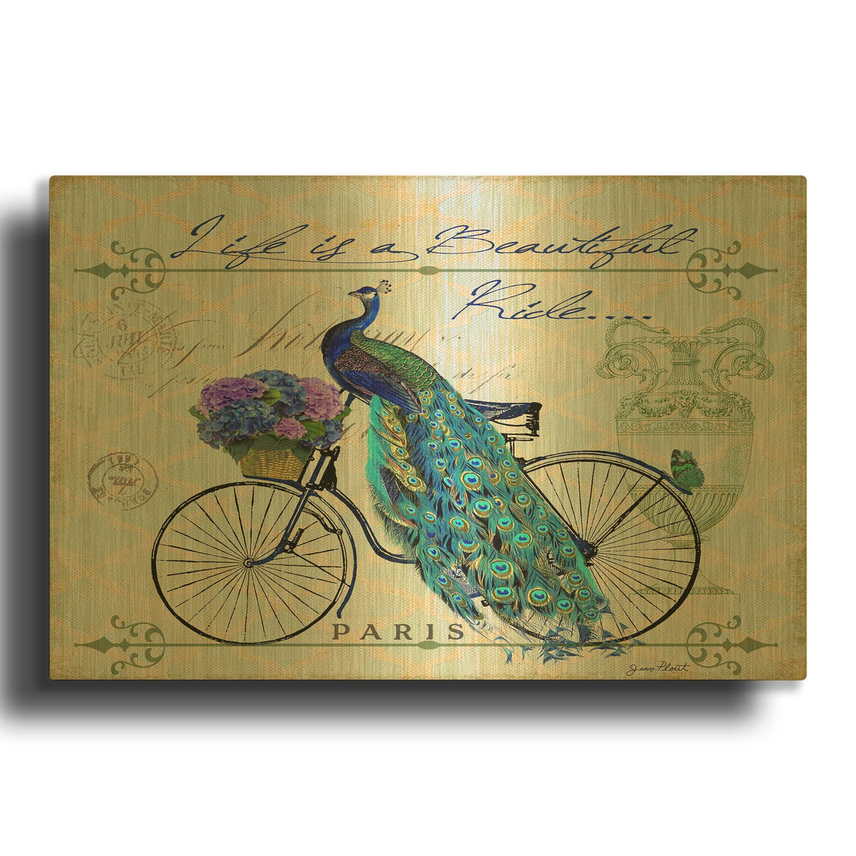 'Peacock On Bicycle' By Jean Plout Gold Metal Wall Art