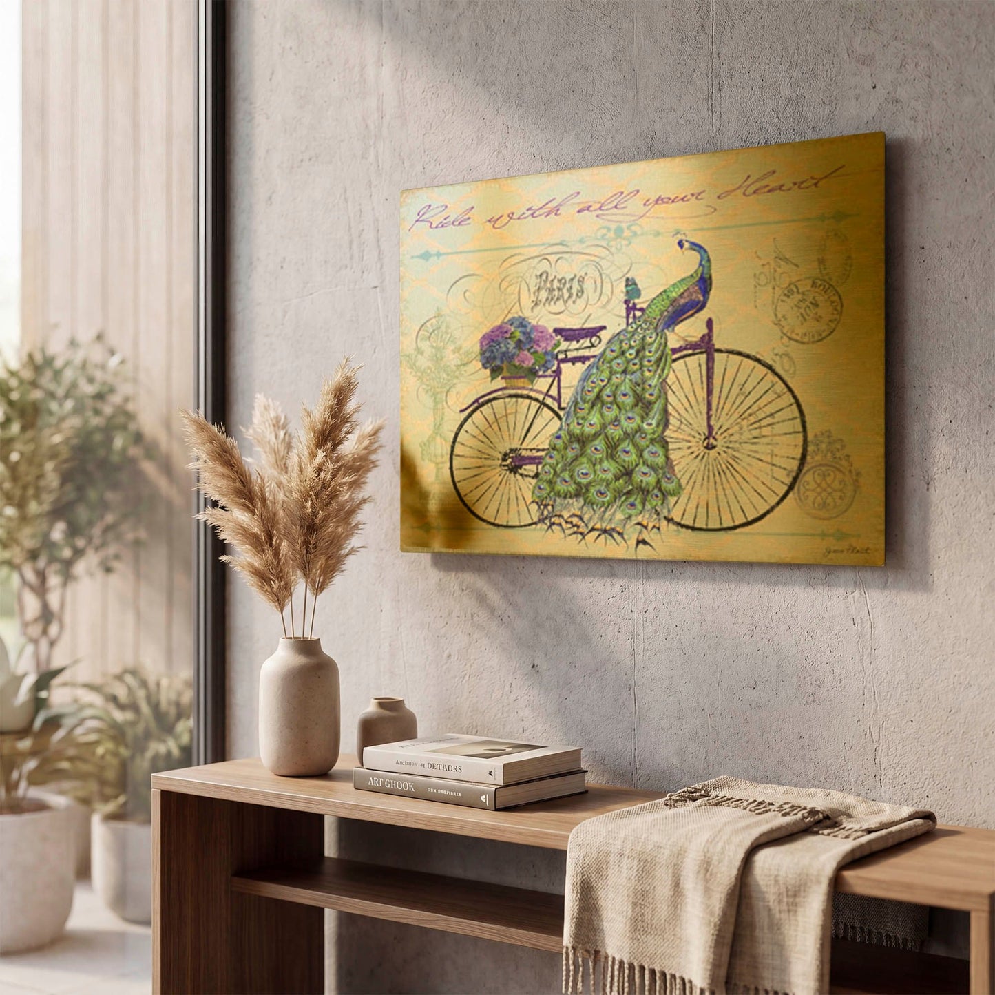 'Peacock On Bicycle II' By Jean Plout Gold Metal Wall Art
